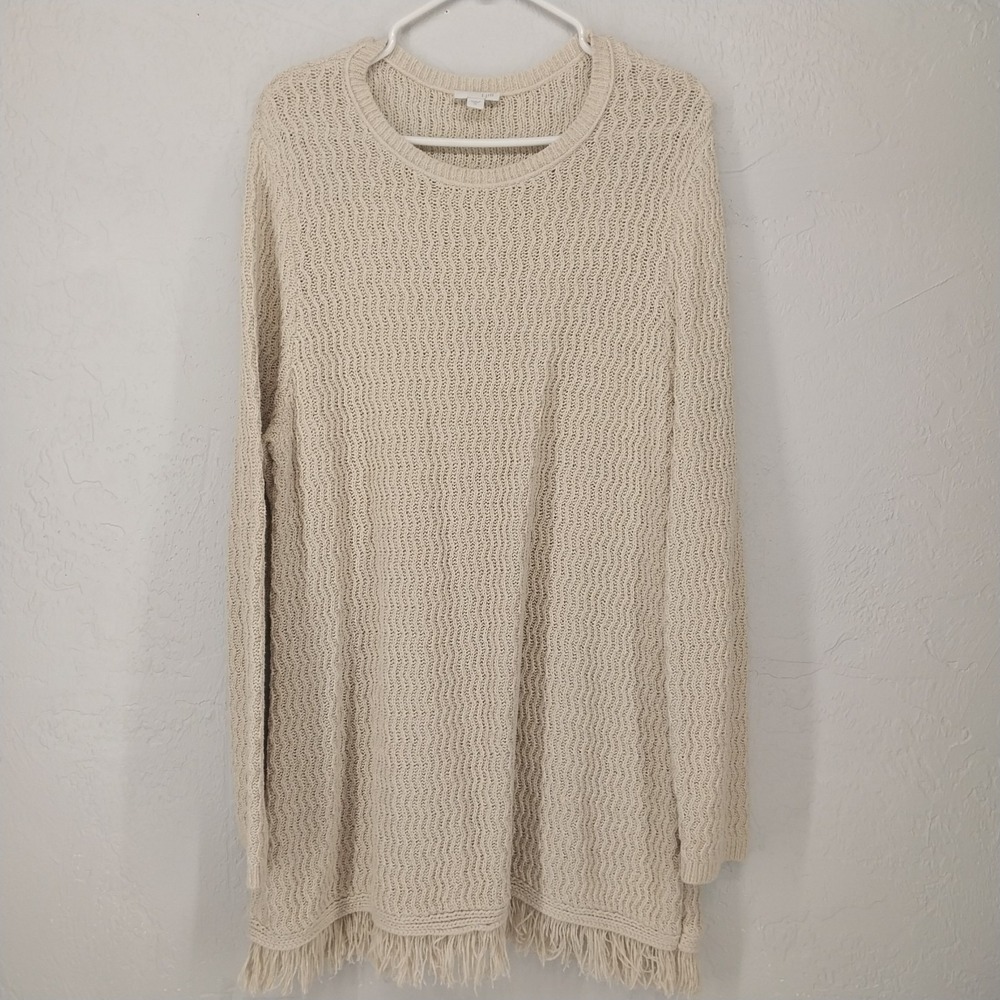 J. Jill XL Cream Fringe Hem Open Knit Long Sleeve Tunic Sweater Womens